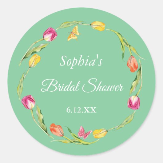 Tulpen & Vlinders Groene Bruidsdouche Ronde Sticker (Voorkant)