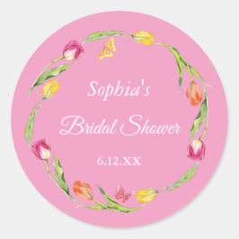 Tulpen & Vlinders Roze Bruidsdouche Ronde Sticker