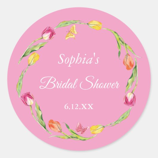 Tulpen & Vlinders Roze Bruidsdouche Ronde Sticker (Voorkant)