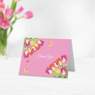 Tulpen & Vlinders Roze Bruiloft Feest    Bedankkaart
