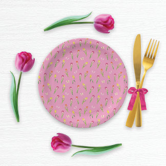 Tulpen & Vlinders Roze Patroon Papieren Bordje