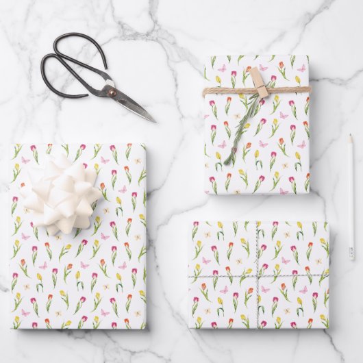Tulpen & Vlinders Wit Patroon Inpakpapier Vel (Voorkant)