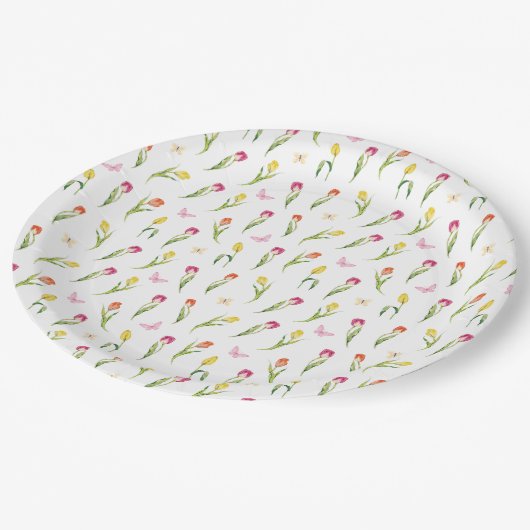 Tulpen & Vlinders Wit Patroon Papieren Bordje (Gekanteld)