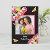 Tulpen & Vlinders Zwart Foto Moederdag Kaart (Staand voorkant)