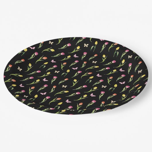 Tulpen & Vlinders Zwart Patroon Papieren Bordje (Gekanteld)