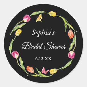 Tulpen & Vlinders Zwarte Bruiloftsshower Ronde Sticker
