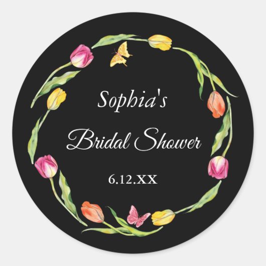 Tulpen & Vlinders Zwarte Bruiloftsshower Ronde Sticker (Voorkant)