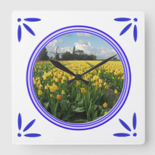 Tulpen Windmill Delft-Blue-Tegel-look Wall Clock Vierkante Klok