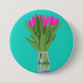 Tulpenbloem Moderne Illustratie + Naam Ronde Button 7,6 Cm