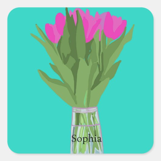  Tulpenbloem Moderne Illustratie + Naam Vierkante Sticker (Voorkant)