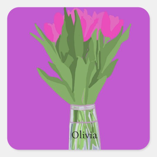 Tulpenbloem Moderne Illustratie + Naam Vierkante Sticker (Voorkant)