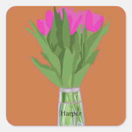 Tulpenbloem Moderne Illustratie + Naam Vierkante Sticker