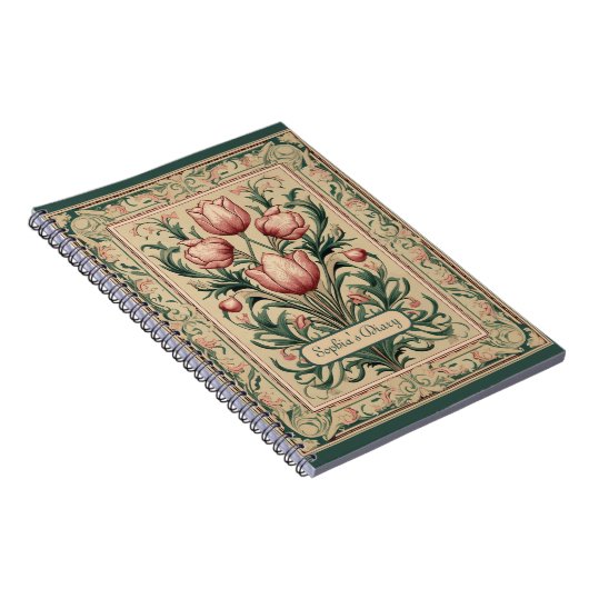 Tulpenbloemen Smaragd Ornament Middeleeuws Notitieboek (Rechterzijde)