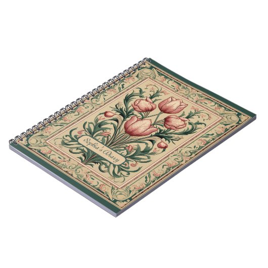 Tulpenbloemen Smaragd Ornament Middeleeuws Notitieboek (Linkerzijde)