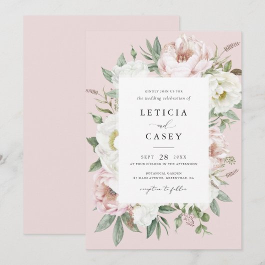 Tulpenbloesem Witte Pioen Frame Elegante Trouw Kaart (Voorkant / Achterkant)