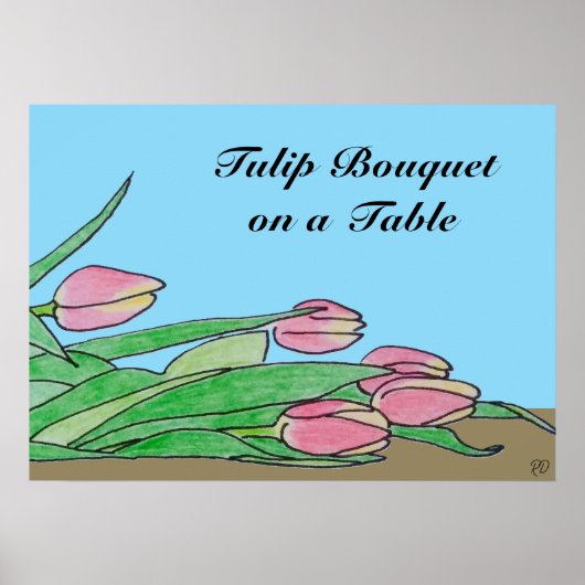 Tulpenboeket op een bruine tafel poster (Voorkant)