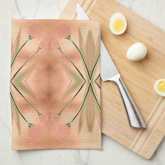 Tulpenprint theedoek in roze koraal en groen (Quarter Fold)