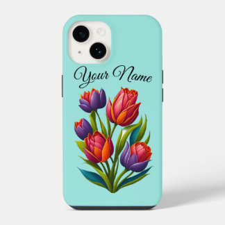 Tulpenschildering - iPhone Hoes Teal Maatwerk 14 Hoesje