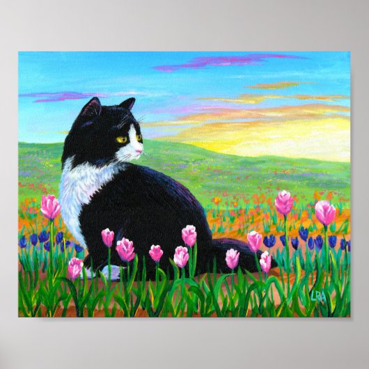 Tulpenvelden Tuxedo Black Cat Kunst Poster (Voorkant)