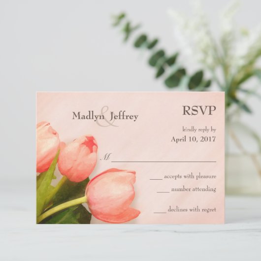 Tulps blush roze lentebruiloft RSVP (Staand voorkant)