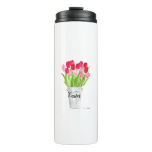 Tulps Waterverf Floral Happy Paasroze elegant Thermosbeker