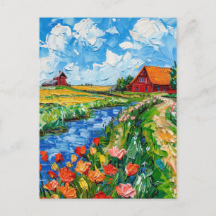 Tulpvelden met schuur en beek fantasieschilderij briefkaart