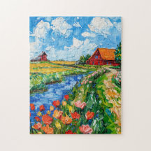 Tulpvelden met schuur en beek fantasieschilderij