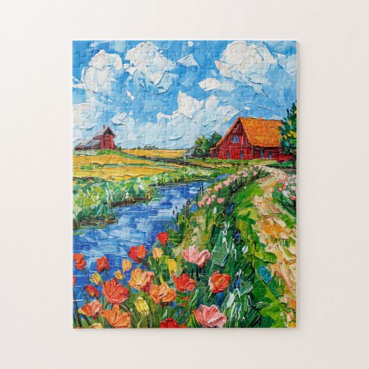 Tulpvelden met schuur en beek fantasieschilderij legpuzzel (Verticaal)