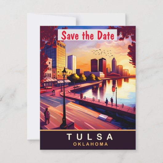 Tulsa Oklahoma Riverfront Zonsondergang Trouwen Save The Date (Voorkant)