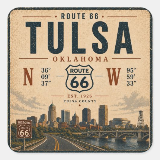 Tulsa Route 66 Skyline Coördinaten Sticker (Voorkant)