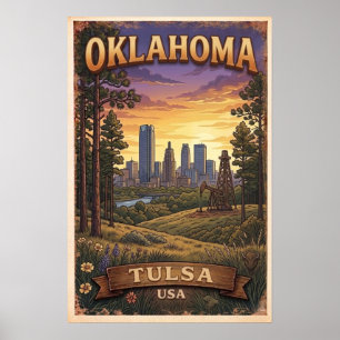 Tulsa Silhouette Zonsondergang Illustratie Poster