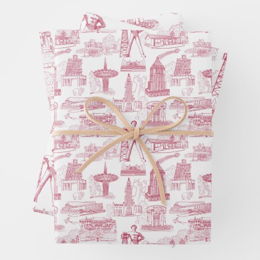 Tulsa Toile Red Wrapping Paper Flat Sheet Set 3 (In situ)