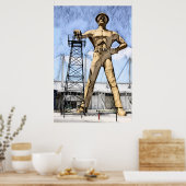 Tulsa's Golden Driller beeldje waterverf schilderi Poster (Keuken)