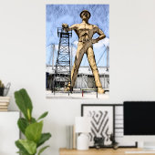 Tulsa's Golden Driller beeldje waterverf schilderi Poster (Thuiskantoor)