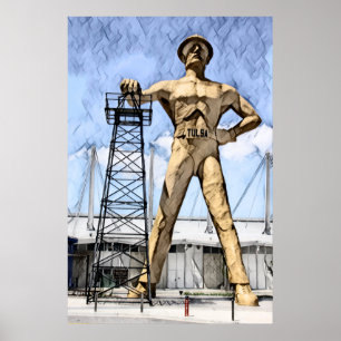 Tulsa's Golden Driller beeldje waterverf schilderi Poster