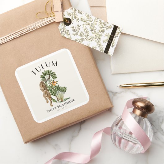 Tulum Luipaard Tropisch Meisjesuitje Weekend Vierkante Sticker (Geschenken)