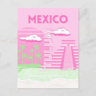 Tulum, Mexico, Reiskunst, Preppy Art, Roze Feestdagenkaart