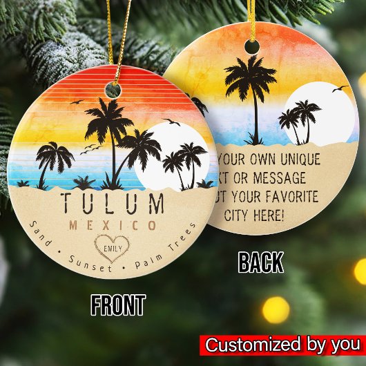 Tulum Mexico Retro Zonsondergang Palmboom Souvenir Keramisch Ornament