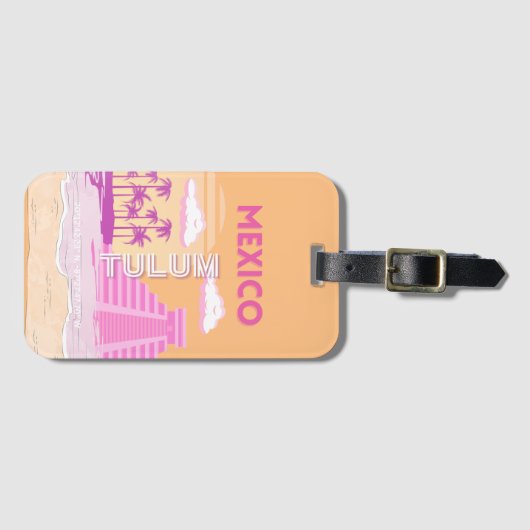 Tulum, Reiskunst, Retro Art, Roze, Sinaasappel Bagagelabel (Voorkant (horizontaal))