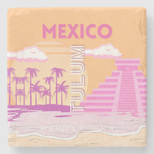Tulum, Reiskunst, Retro Art, Roze, Sinaasappel Stenen Onderzetter