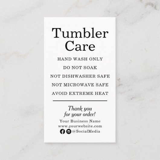 Tumbler Care Instructies Modern Zwart en Wit Visitekaartje (Voorkant)