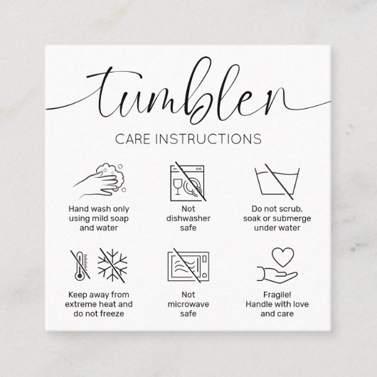 Tumbler Care Instructions Guide Minimalistische Lo Vierkante Visitekaartje (Voorkant)