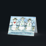 Tumbleweed Snowman Vrolijk Kerstfeest Kaart<br><div class="desc">Feestelijke vakantie wenskaart met drie sneeuwpoppen gemaakt van tumbleweeds dragen cowboy petten, sjaals, en bladaccenten met besneeuwde bergtoppen in de verte geïllustreerd met inkt en waterverf.</div>