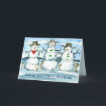 Tumbleweed Snowman Vrolijk Kerstfeest Kaart<br><div class="desc">Feestelijke vakantie wenskaart met drie sneeuwpoppen gemaakt van tumbleweeds dragen cowboy petten,  sjaals,  en bladaccenten met besneeuwde bergtoppen in de verte geïllustreerd met inkt en waterverf.</div>