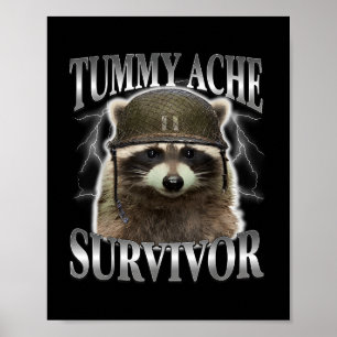 Tummy Ache Survivor Raccoon Funny Gezegde Cats Mem Poster