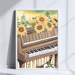 Tune in Bloom   Watercolor Zonnebloem Bloemstuk Pi Poster