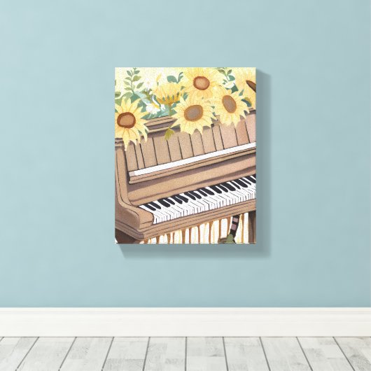 Tune in Bloom | Waterverf Zonnebloem Bloemen Piano Canvas Afdruk (Insitu (Houten vloer))