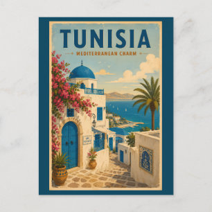 Tunesië Landschap Illustratie Reis Kunst Vintage Briefkaart
