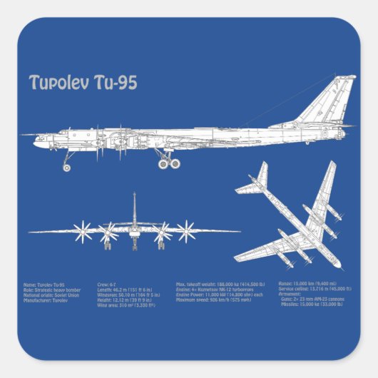 Tupolev Tu-95 - Vliegtuigblauwdruk plannen ABD Vierkante Sticker (Voorkant)