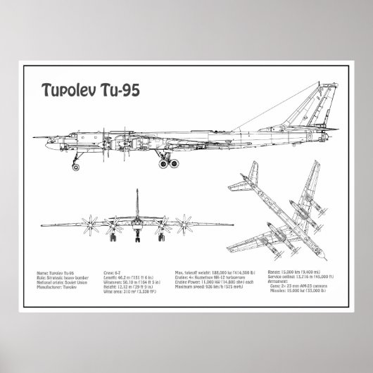 Tupolev Tu-95 - Vliegtuigblauwdruk plannen BD Poster (Voorkant)